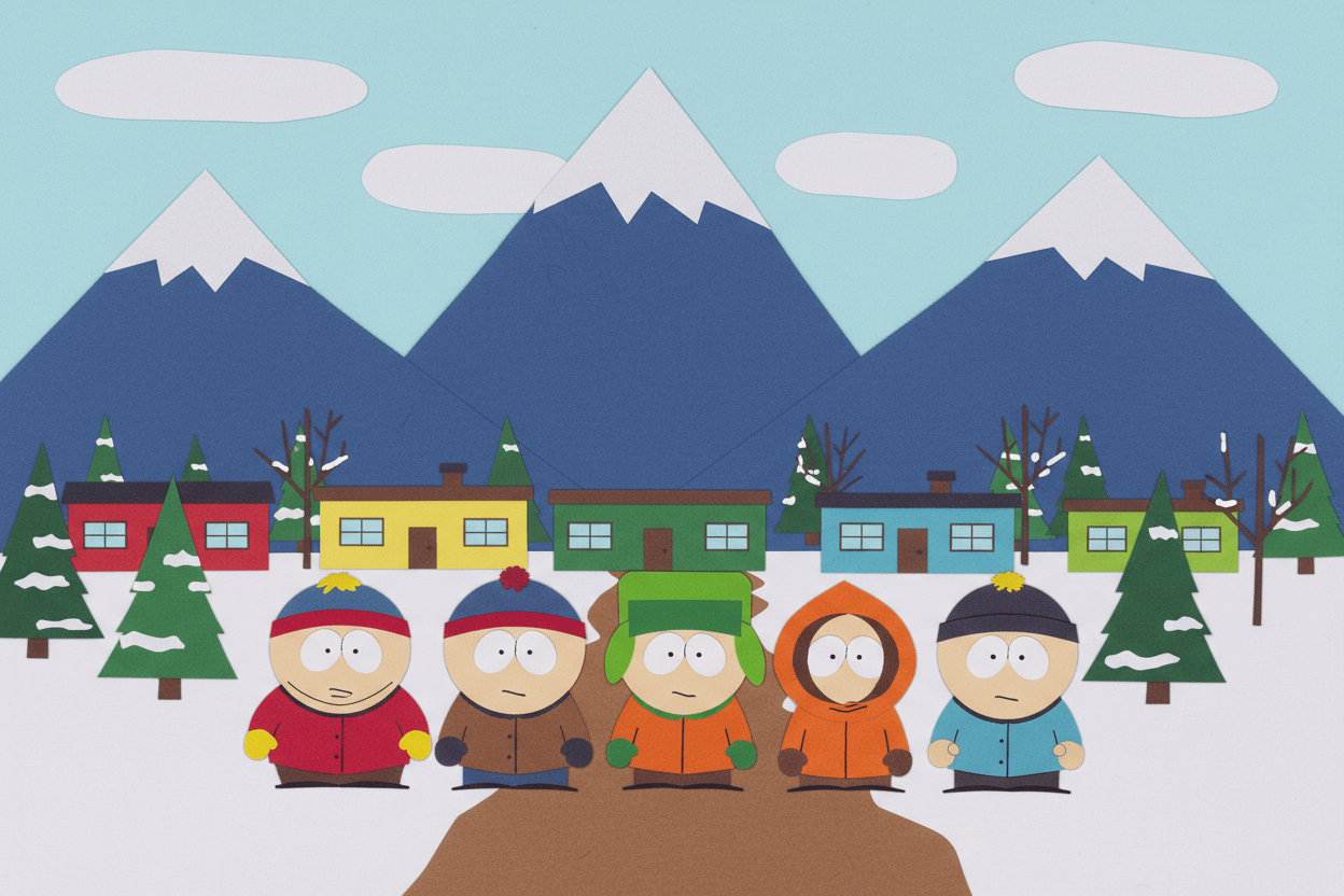 a southpark background with characters lined up