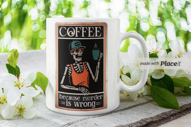 coffee drinking skelelton ,coffee because murder is wrong   ,retro  coffee drinking skeleton mug ,ceramic coffee mug ,90s horror mug gift