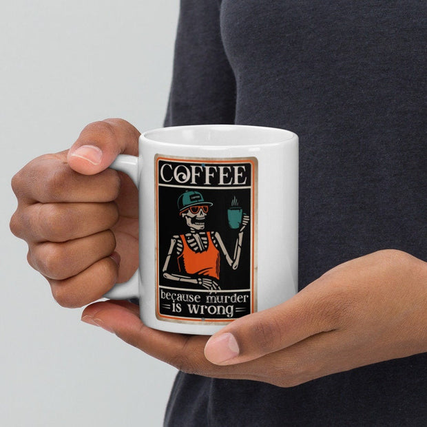 coffee drinking skelelton ,coffee because murder is wrong   ,retro  coffee drinking skeleton mug ,ceramic coffee mug ,90s horror mug gift