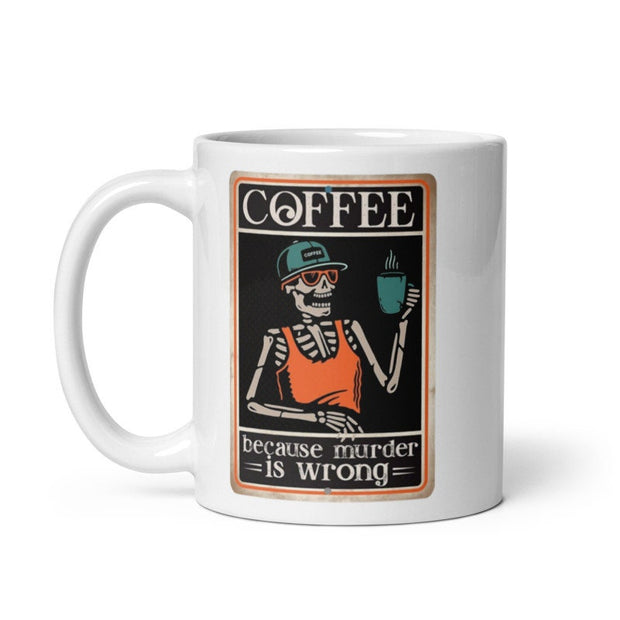 coffee drinking skelelton ,coffee because murder is wrong   ,retro  coffee drinking skeleton mug ,ceramic coffee mug ,90s horror mug gift