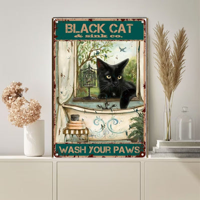 black cat wash your paws  wall poster , Black Cat Wall Art - Black Cat Print -Black Cat Artwork - Home Decor