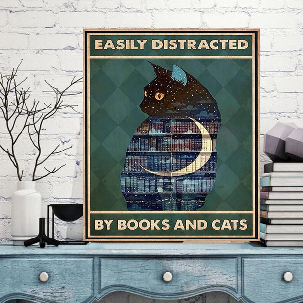 easily distracted by cats and books  cat-poster , Black Cat Wall Art - Black Cat Print -Black Cat Artwork - Home Decor