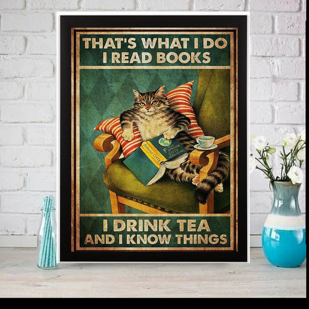 i drink tea read books and know things cat-poster , Black Cat Wall Art - Black Cat Print - -Black Cat Artwork - Home Decor