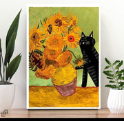 Black Cat with sunflower vase van gogh, van goth sunflowers painting, Black Cat Wall Art -Black Cat Print,Black Cat Artwork ,Home Decor