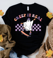 Creep it Real Ghost Shirt, Retro Halloween  Color shirt, Creep It Real Ghost on skateboard Halloween Shirt,  Retro Fall Shirt, Fall Shirt