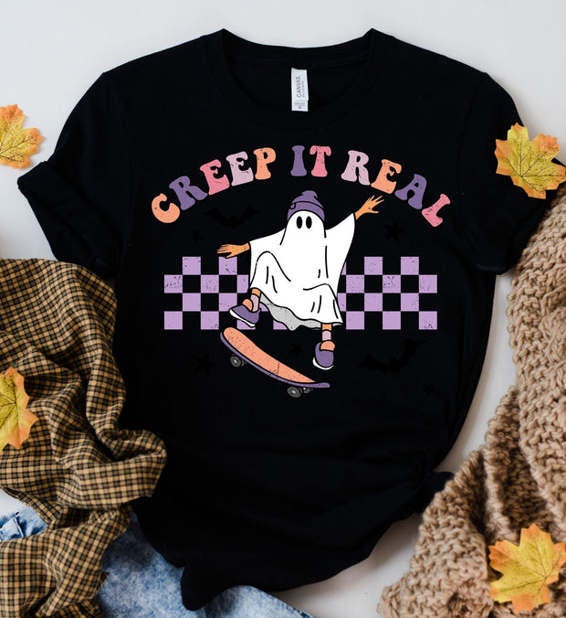 Creep it Real Ghost Shirt, Retro Halloween  Color shirt, Creep It Real Ghost on skateboard Halloween Shirt,  Retro Fall Shirt, Fall Shirt