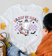 Creep it Real Ghost Shirt, Retro Halloween  Color shirt, Creep It Real Ghost on skateboard Halloween Shirt,  Retro Fall Shirt, Fall Shirt