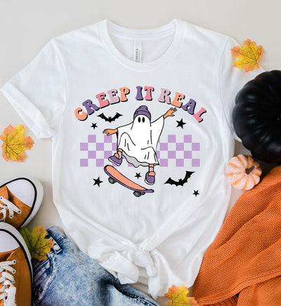 Creep it Real Ghost Shirt, Retro Halloween  Color shirt, Creep It Real Ghost on skateboard Halloween Shirt,  Retro Fall Shirt, Fall Shirt