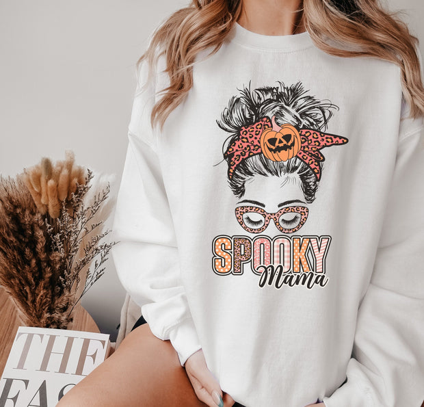 Spooky Mama Sweatshirt, Horror Halloween Life, Pumpkin Momster Sweatshirt, Messy Bun Hair Witchy Woman Scary Halloween Party Sweatshirt