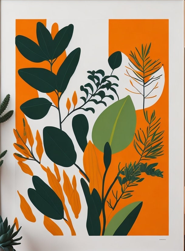 Boho Botanical Print, Orange and Green Abstract Botanical Flowers Print, Abstract Floral Wall Art