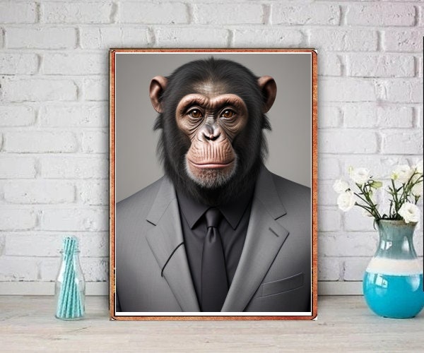 chimpanzee in a suit ,chimp in clothing ,chimp  Wall Art  Poster, chimp  Print  unframed,  animal wall art