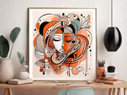 Boho abstract woman , Orange and black print  ,boho woman art portrait ,  mininalist Abstract Wall Art print