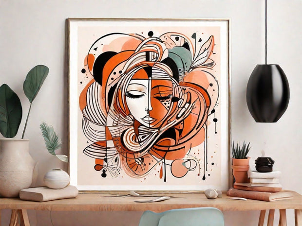Boho abstract woman , Orange and black print  ,boho woman art portrait ,  mininalist Abstract Wall Art print