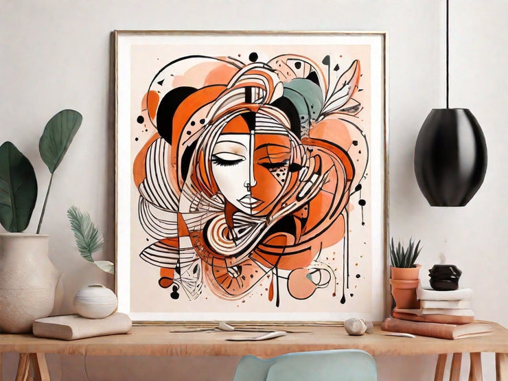 Boho abstract woman , Orange and black print  ,boho woman art portrait ,  mininalist Abstract Wall Art print