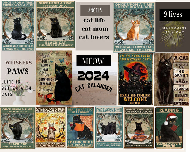 2024Wall Calendar, black cat calander funny , Wall Planner, Home And Office Decor, Monthly Calender,gitft for cat lovers