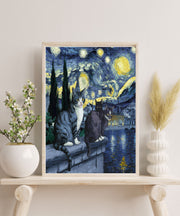 Van Goth Starry Night with cats print,   van goth starry Night Poster | Starry Night Canvas |    cat-poster,  van goth  Wall Art
