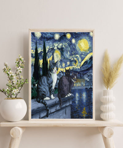 Van Goth Starry Night with cats print,   van goth starry Night Poster | Starry Night Canvas |    cat-poster,  van goth  Wall Art