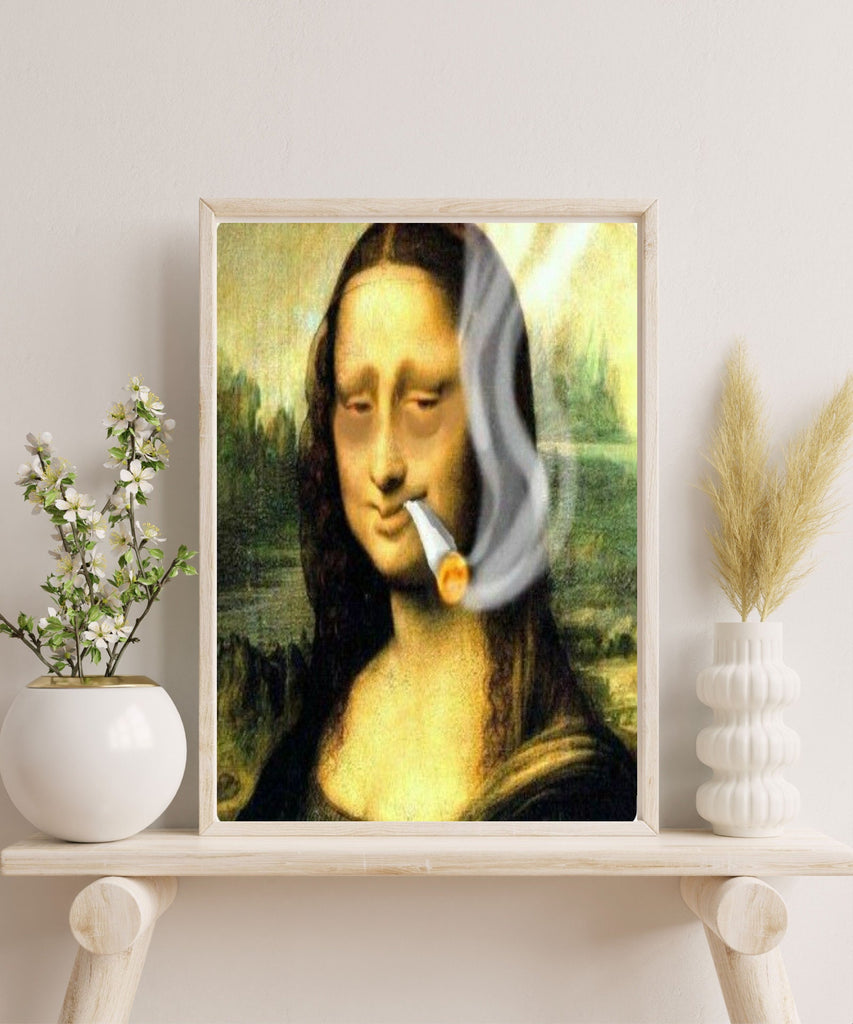 Mona Lisa smoking a joint  print, Original Oil Painting  de vinci Portrait Poster, Vintage Wall Art, Unique Gift