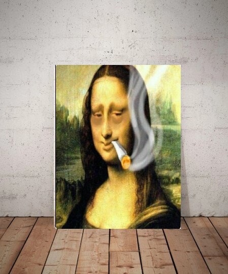 Mona Lisa smoking a joint  print, Original Oil Painting  de vinci Portrait Poster, Vintage Wall Art, Unique Gift