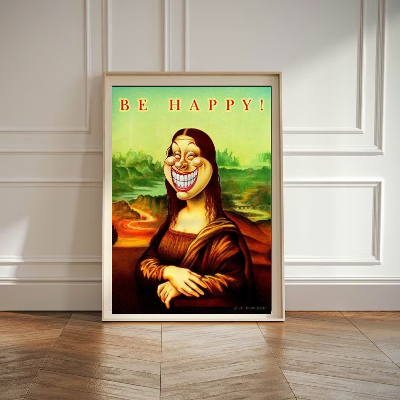 Mona Lisa happy face  print, Original Oil Painting  de vinci Portrait Poster, Vintage Wall Art, Unique Gift