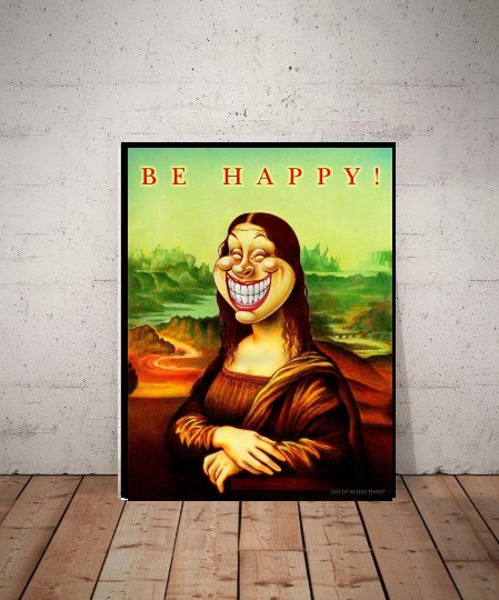 Mona Lisa happy face  print, Original Oil Painting  de vinci Portrait Poster, Vintage Wall Art, Unique Gift