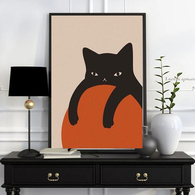 black cat orange boho Print , black cat resting on  a orange ball Wall Art, Peaceful act Wall Art,Abstract  cat   Modern Decor