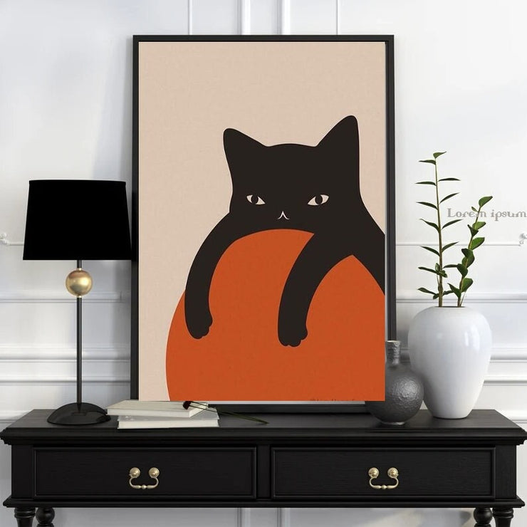 black cat orange boho Print , black cat resting on  a orange ball Wall Art, Peaceful act Wall Art,Abstract  cat   Modern Decor