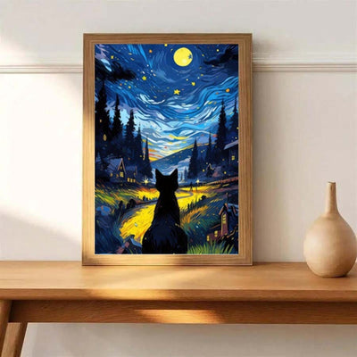 Van Goth Starry Night with black cat print,   van goth starry Night Poster | Starry Night Canvas |    cat-poster,  van goth  Wall Art