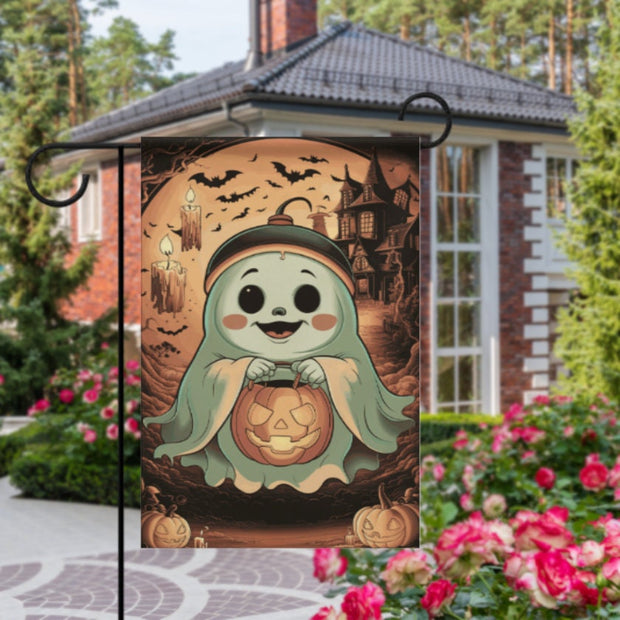 halloween ghost  Garden Flag  -  happy halloween garden flag - 12'x18" - Autumn Garden Flag ,  garden flag ,  Yard Flag Double Sided