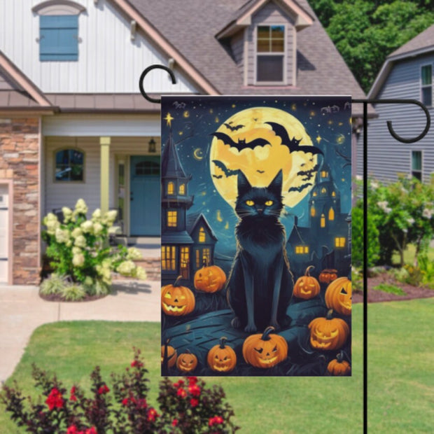 halloween cat  Garden Flag  - halloween garden flag - 12'x18" - black cat  Garden Flag ,  garden flag , Yard Flag Double Sided