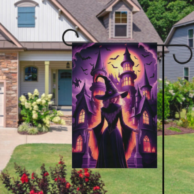 halloween haunted house and witch   Garden Flag  - halloween witche  garden flag - 12'x18" - Autumn Garden Flag  ,  Yard Flag Double Sided