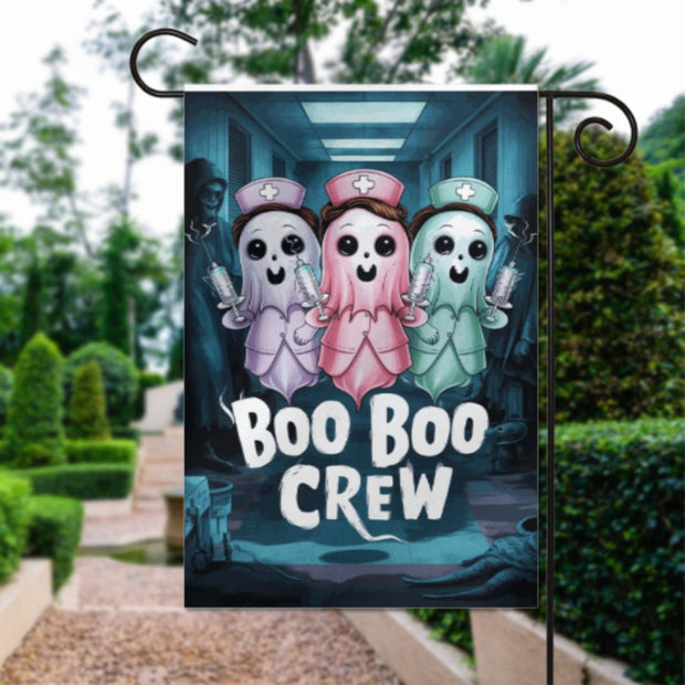 halloween nurse boo crew  Garden Flag  -  the boo boo crew  garden flag - 12'x18" - Autumn Garden Flag ,nurse halloween Double Sided flag