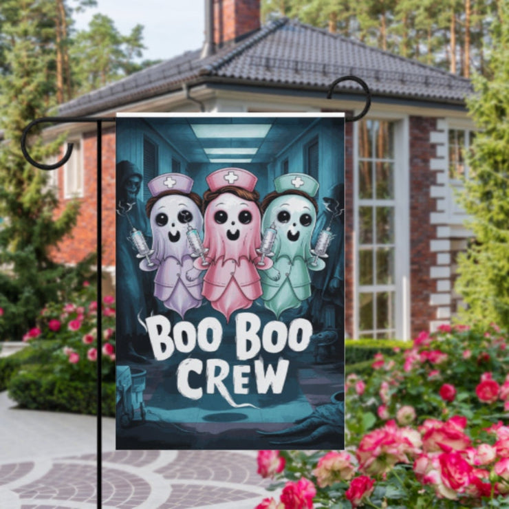 halloween nurse boo crew  Garden Flag  -  the boo boo crew  garden flag - 12'x18" - Autumn Garden Flag ,nurse halloween Double Sided flag