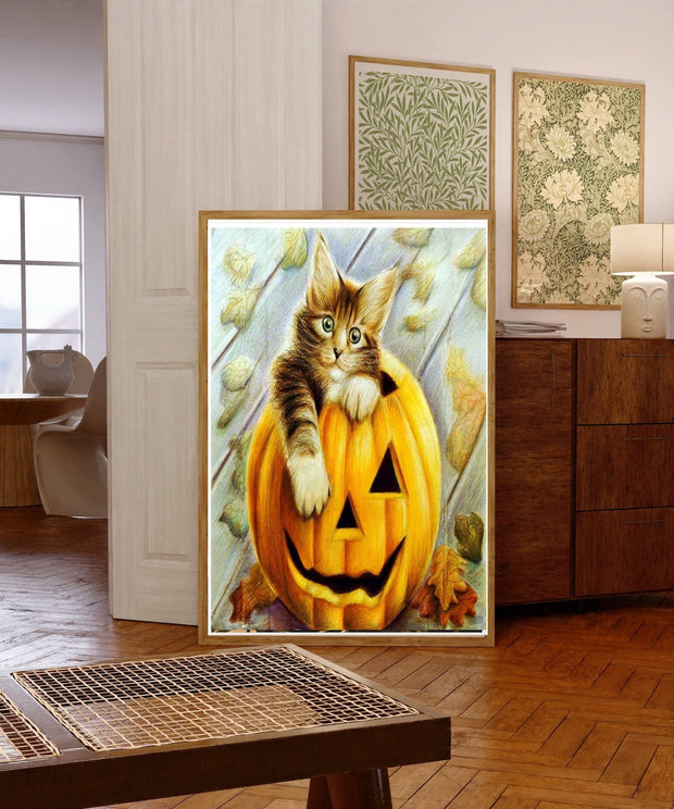 halloween, tabby cat-poster ,tabby Cat Wall Art -tabby Cat Print -tabby Cat Artwork