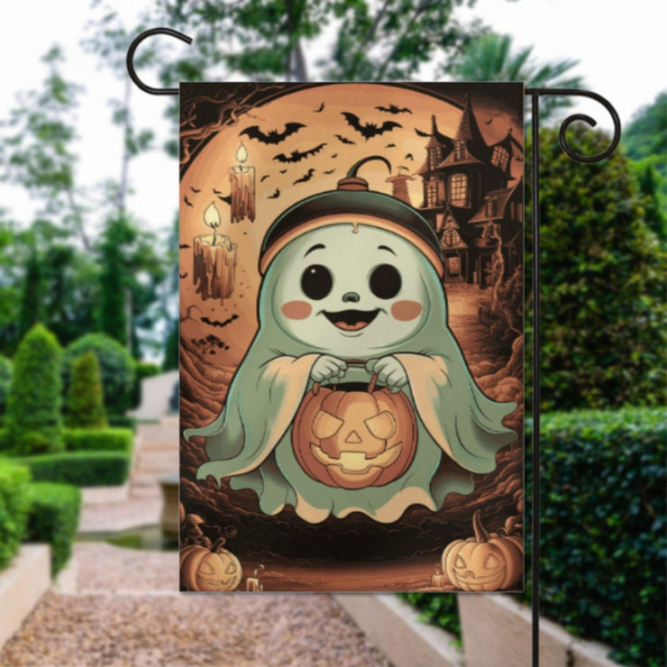 halloween ghost  Garden Flag  -  happy halloween garden flag - 12'x18" - Autumn Garden Flag ,  garden flag ,  Yard Flag Double Sided