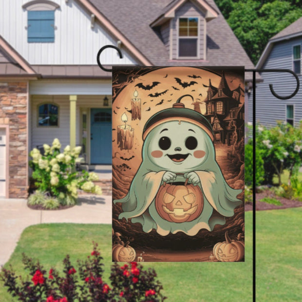 halloween ghost  Garden Flag  -  happy halloween garden flag - 12'x18" - Autumn Garden Flag ,  garden flag ,  Yard Flag Double Sided