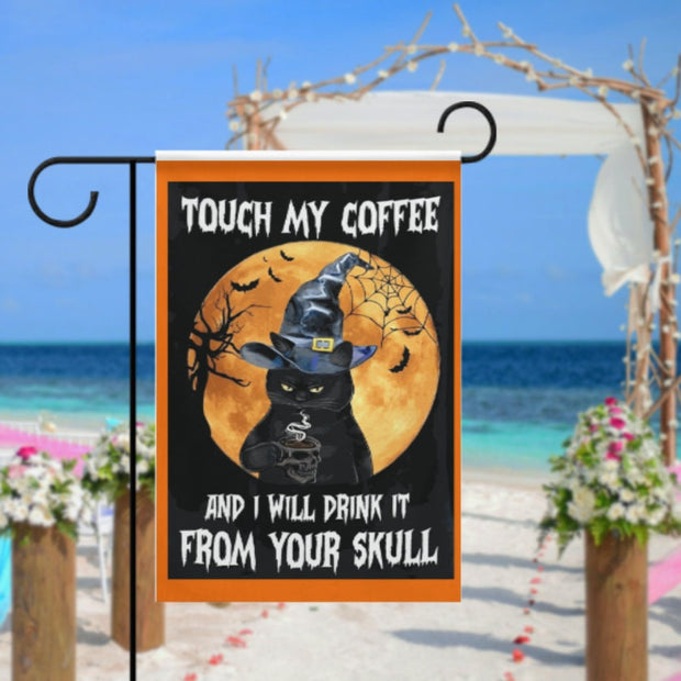 halloween black cat and coffee  ,halloween  black cat Garden Flag -12'x18" - Autumn Garden Flag ,Yard Flag Double Sided,hocus pocus flag