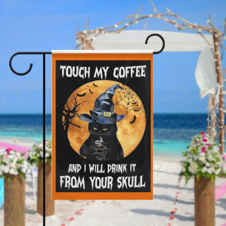 halloween black cat and coffee  ,halloween  black cat Garden Flag -12'x18" - Autumn Garden Flag ,Yard Flag Double Sided,hocus pocus flag