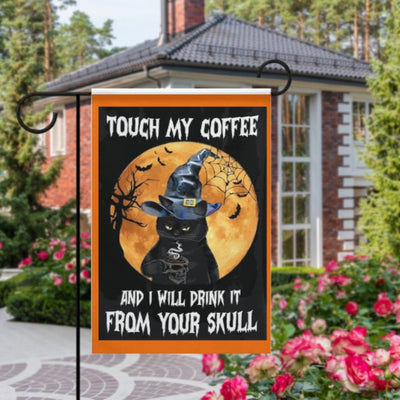 halloween black cat and coffee  ,halloween  black cat Garden Flag -12'x18" - Autumn Garden Flag ,Yard Flag Double Sided,hocus pocus flag