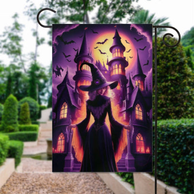 halloween haunted house and witch   Garden Flag  - halloween witche  garden flag - 12'x18" - Autumn Garden Flag  ,  Yard Flag Double Sided