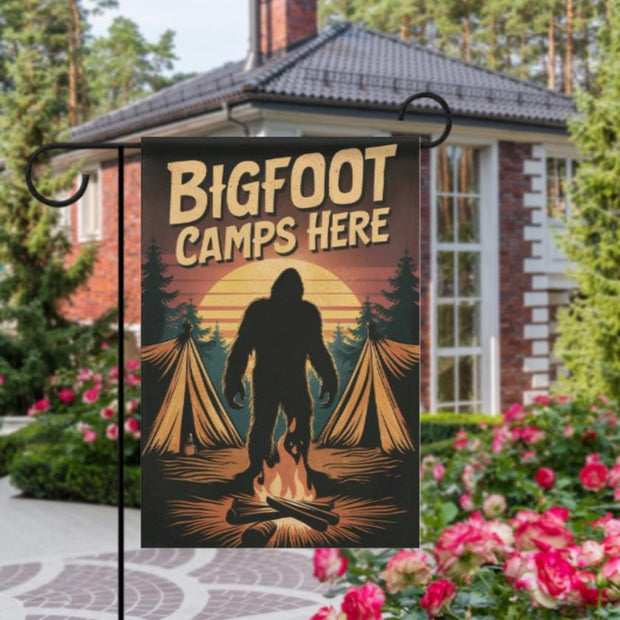 bigfoot camps here    Garden Flag - camping flag - 12'x18"  ,  Yard Flag Double Sided, Camping Flag, Camper Flag, Happy Campers Flag