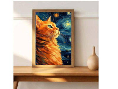 Van Gogh Starry Night Painting with ginger cat , Van Gogh Art Print, Exhibition Poster, Musilum cat-poster,  van goth  Wall Art