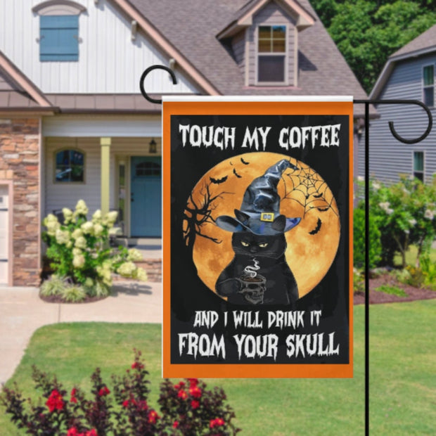 halloween black cat and coffee  ,halloween  black cat Garden Flag -12'x18" - Autumn Garden Flag ,Yard Flag Double Sided,hocus pocus flag