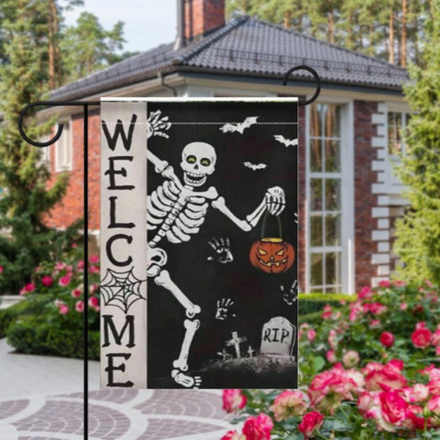 halloween welcome skeleton   Garden Flag  -halloween  skeleton  garden flag - 12'x18" - Autumn Garden Flag , Yard Flag Double Sided