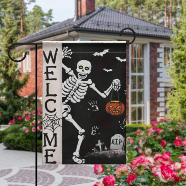 halloween welcome skeleton   Garden Flag  -halloween  skeleton  garden flag - 12'x18" - Autumn Garden Flag , Yard Flag Double Sided