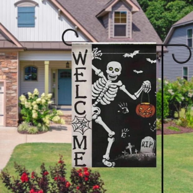 halloween welcome skeleton   Garden Flag  -halloween  skeleton  garden flag - 12'x18" - Autumn Garden Flag , Yard Flag Double Sided