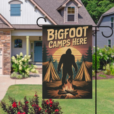 bigfoot camps here    Garden Flag - camping flag - 12'x18"  ,  Yard Flag Double Sided, Camping Flag, Camper Flag, Happy Campers Flag