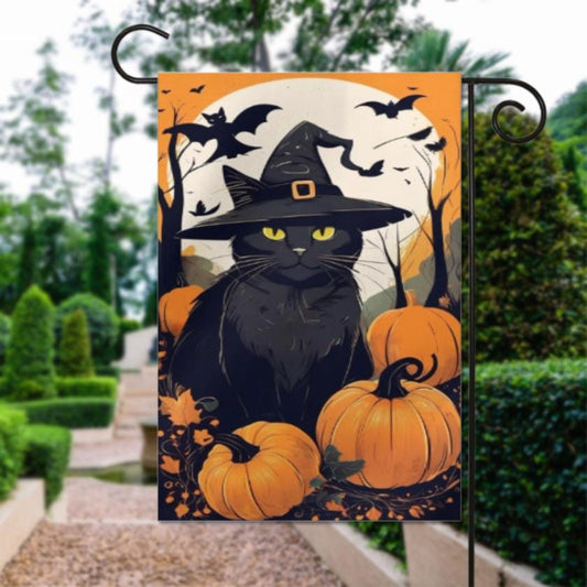 halloween pumpkin and cat  Garden Flag  - halloween garden flag - 12'x18" - Autumn Garden Flag ,  garden flag ,  Yard Flag Double Sided