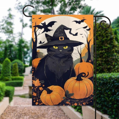 halloween pumpkin and cat  Garden Flag  - halloween garden flag - 12'x18" - Autumn Garden Flag ,  garden flag ,  Yard Flag Double Sided