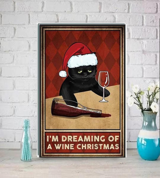 black cat with santas hat , Black Cat Wall Art - Black Cat Print -Black Cat Artwork - Home Decor